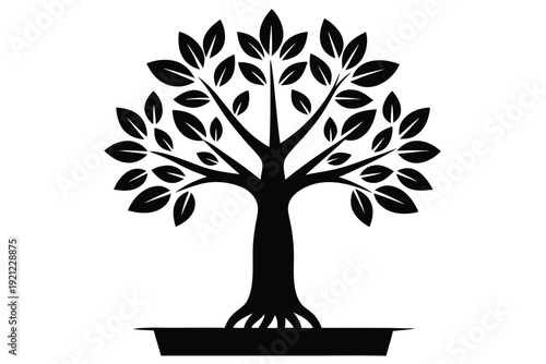 Simple Black and White Graphic of a Mature Tree and Seedling Representing Mentorship and Growth
