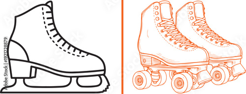 Vector graphic featuring a black outline of a figure ice skate on the left and a pair of orange-outlined quad roller skates on the right, separated by a vertical orange line.