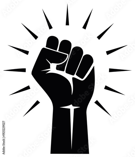 Iconic strong raised black fist graphic radiating power unity and determination a symbol of protest and revolution