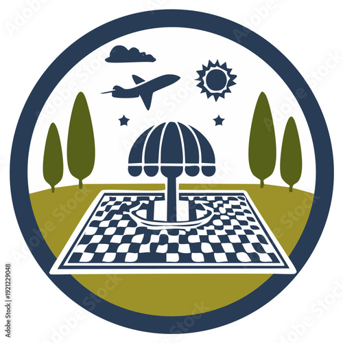 Fantasy Landscape with Plane, Checkered Floor, and Parasol in Circle