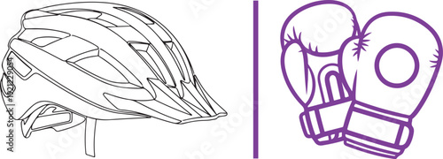 Vector illustration featuring a black outline of a streamlined cycling helmet on the left and a pair of purple-outlined boxing gloves on the right, separated by a vertical purple line.