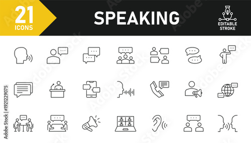 Speaking line icon set. Set of 21 outline icons related to speaking, talk, chat, conversation, dialogue and others. Editable stroke. Vector illustration.