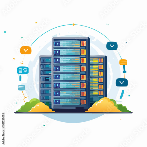 Digital infrastructure illustration showcasing interconnected server racks for data management and cloud computing solutions
