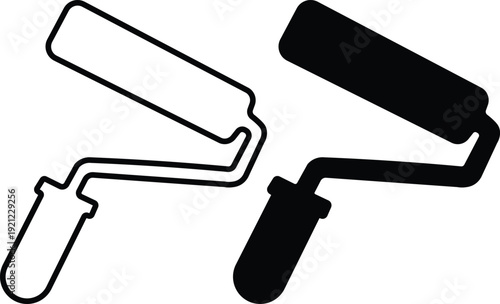 Two paint roller icons, one in outline style and one in solid black silhouette, representing painting tools for home improvement and renovation.