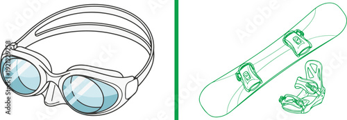 Vector illustration of light-blue swimming goggles on the left and a green-outlined snowboard with bindings on the right, separated by a vertical green line. Clean, minimalist sports gear design.