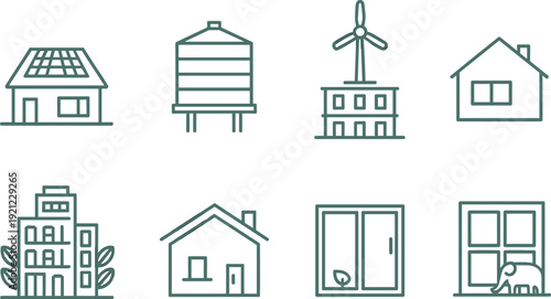 Sustainable home and green energy line icons set, solar panel wind turbine water tank eco building vector collection