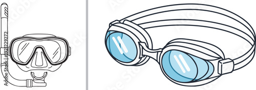 Vector illustration of swimming gear: a black and white snorkel and diving mask on the left, and blue-tinted swimming goggles on the right, separated by a thin vertical line.