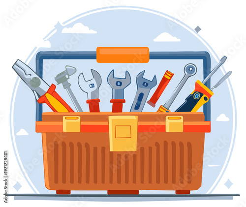 Cartoon illustration of a toolbox full of various hand tools on a blue and white backdrop