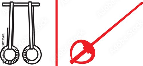 Minimalist vector icons featuring black line art gymnastics rings hanging from a bar and a red stylized fencing foil or rapier sword. Clean, high-contrast sports equipment illustrations.