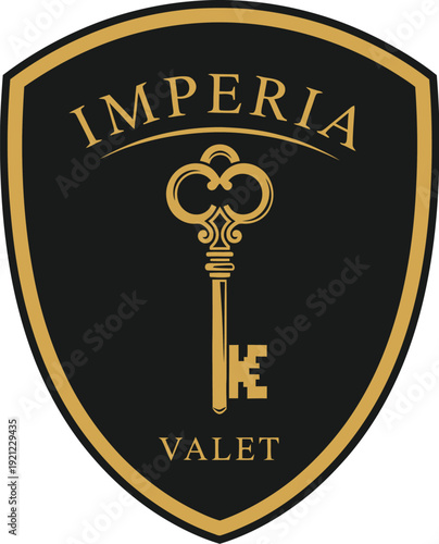 A luxurious gold and black shield logo with a key design for Imperia Valet