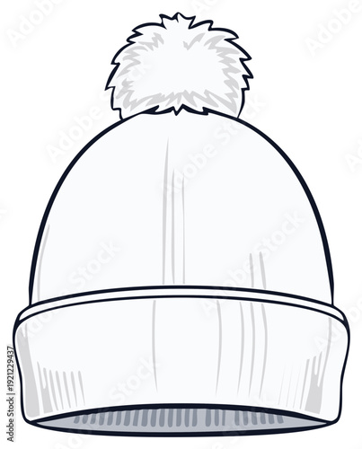 Simple black and white vector illustration of a knitted winter hat with a pom-pom