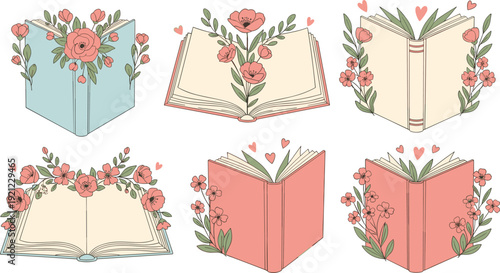 Open book with floral decoration vector set for romantic literature reading education and wedding invitation design