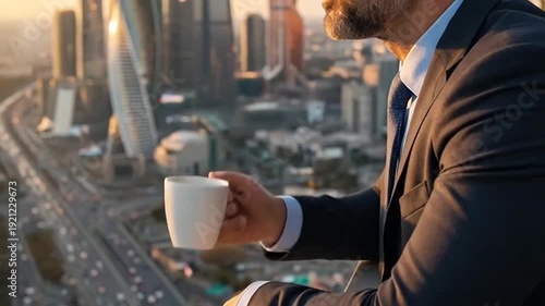 Professional man enjoys coffee on a high-rise balcony with a city view.
