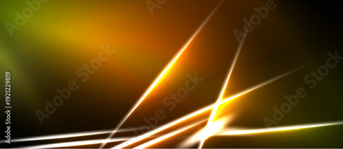 Abstract background features bright lines, gradients. Orange, yellow hues dominate dark space. Dynamic energy radiates from central point.