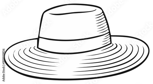 Hand drawn illustration of a wide brimmed sun hat with a ribbon detail