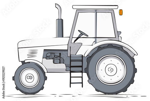 Side profile illustration of a modern farm tractor. Sketch style agricultural machinery and heavy equipment vector.