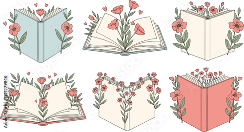 Romantic open book with flowers vector collection for reading education wedding invitation and botanical literature design