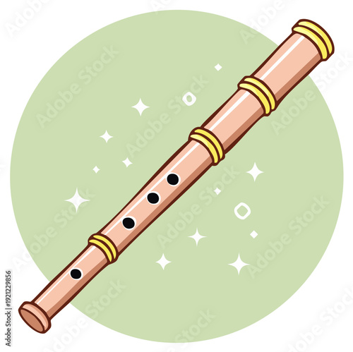 Bright Cartoon Flute Recorder Woodwind Musical Instrument Illustration with Decorative Bands and Sparkle Elements