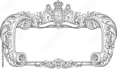 An ornate, empty, Victorian-style frame with a crown and floral designs