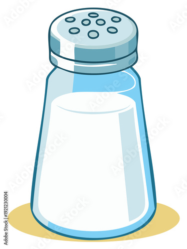 Cartoon illustration of a salt shaker with clear glass and metal lid