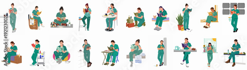 A diverse collection of female veterinarians in scrubs practicing self-care and professional development, reading books on well-being, mindfulness, and resilience in various settings.