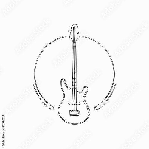 Elegant Outline of a Bass Guitar Within a Circular Frame, Symbolizing Music