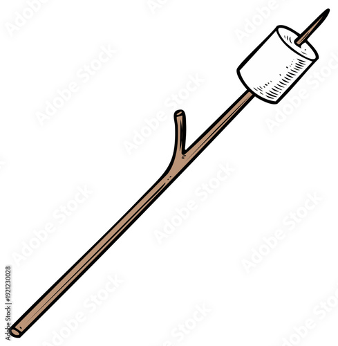 Cartoon marshmallow on a stick ready for roasting, camping treat illustration for summer holiday fun and food