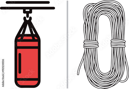 Vector graphic featuring a red hanging punching bag with black outlines on the left and a coiled bundle of white rope on the right, separated by a vertical gray line.