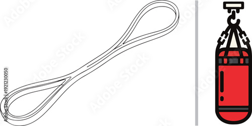 A minimalist vector illustration featuring a heavy-duty polyester lifting sling next to a red punching bag hanging from a ceiling hook, representing industrial strength and fitness equipment.