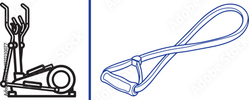 Vector illustration featuring a black outline of an elliptical trainer on the left and a blue outline of a figure-eight resistance band on the right, separated by a vertical blue line.
