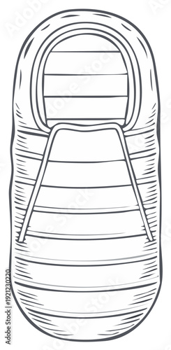 Sleeping bag illustration, black and white drawing of the folded portable bed, isolated.