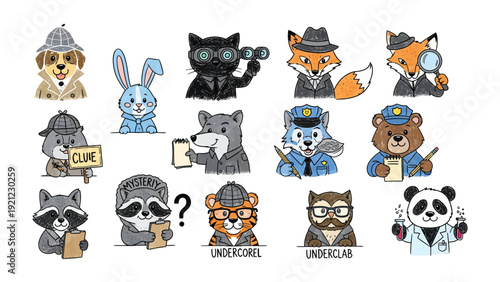 Detective Animal Investigators: A playful gathering of illustrated animal detectives, each ready to solve mysteries with their unique tools and detective hats.