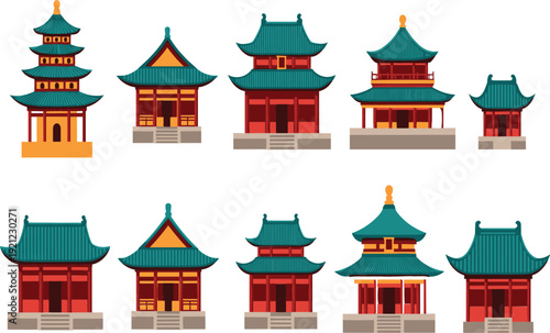 Vector set of traditional Asian temple architecture featuring Japanese pagodas and Chinese shrines with tiered roofs and red walls isolated on white background.