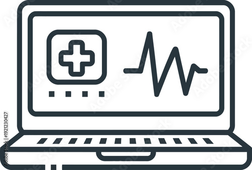 Medical laptop icon with cross and heartbeat line on screen.