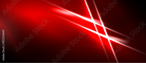 Abstract red background features dynamic light streaks. Bright lines intersect creating energetic visual impact. Dark areas provide contrast.