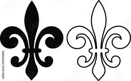 Two stylized fleur-de-lis symbols, one solid black and one outlined, representing French heraldry and decorative motifs.