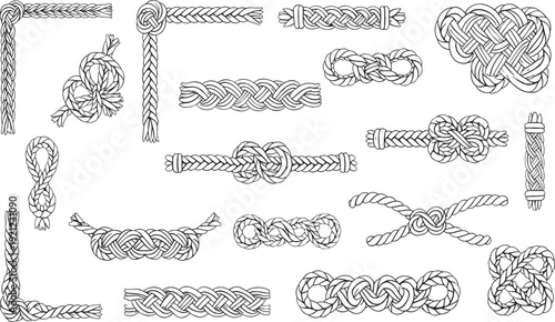 Set of black and white vector nautical rope borders with decorative marine knots and twisted cord frames for maritime theme design projects.