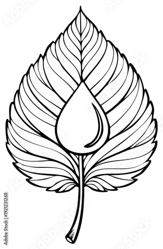 Detailed black and white outline drawing of a natural leaf with a glistening dew drop