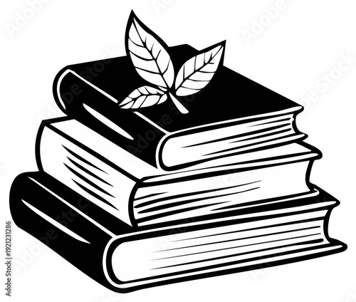 Stack of books with leaf emblem, black and white illustration, educational concept