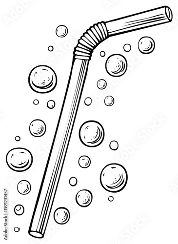 Drawing of Flexible Straw with Bubbles in Black and White Line Art Style