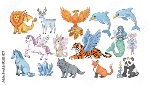 Whimsical Creature Collection: A delightful assortment of fantastical creatures, including majestic mythical beasts like the phoenix, each possessing unique attributes, colors, and ethereal charm.