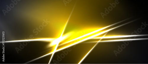Abstract golden light streaks radiate from central bright point. Dark background emphasizes luminous energy, creating dynamic visual effect.