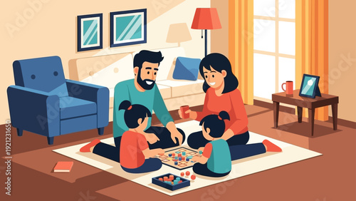 happy family father mother two daughters playing a board game on their living room rug enjoying quality time and promoting home entertainment.