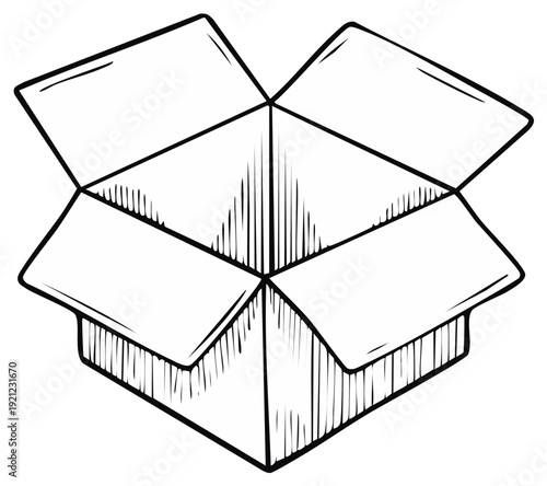 Open cardboard box sketched with lines and shading top view