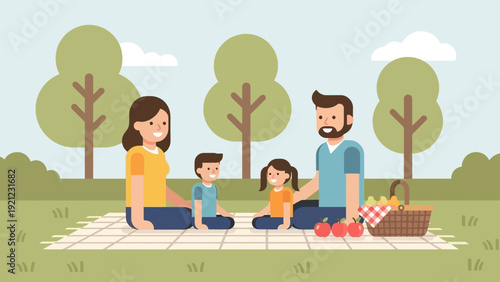 happy family picnic in the park parents and two children sitting on a blanket outdoors enjoying summer fun and togetherness.
