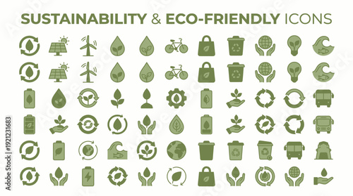 Eco sustainability icons vector, green energy and recycling illustration set, environmental awareness graphics, renewable resources, eco‑friendly lifestyle symbols, conservation design elements for pr