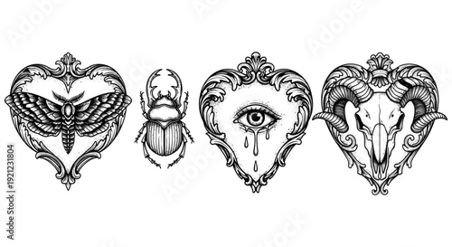 gothic occult symbolic tattoo designs creepy hawkmoth scarab all-seeing eye ram skull in ornate heart frames.