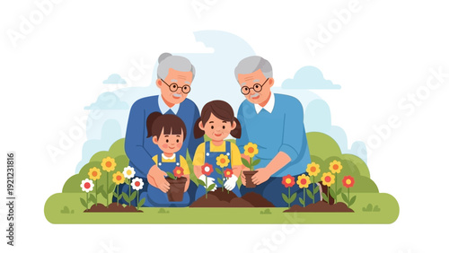 grandparents and granddaughters planting flowers in garden fostering intergenerational bonds nature and happy family moments.