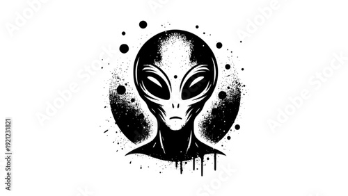 Black and white alien head silhouette with ink splatter background