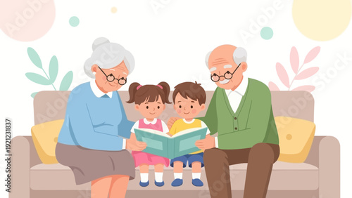 grandparents reading a storybook to happy grandchildren on a cozy sofa illustrating intergenerational bonding and early childhood education